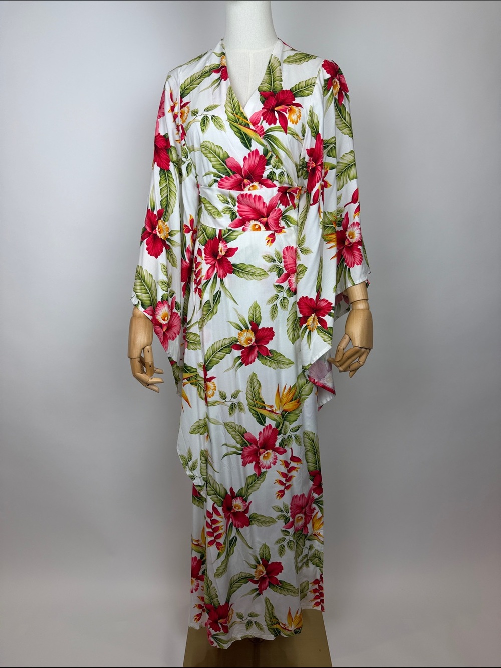 Violets In May Hawaiian Kaftan with Red & Green Tropical Floral Print